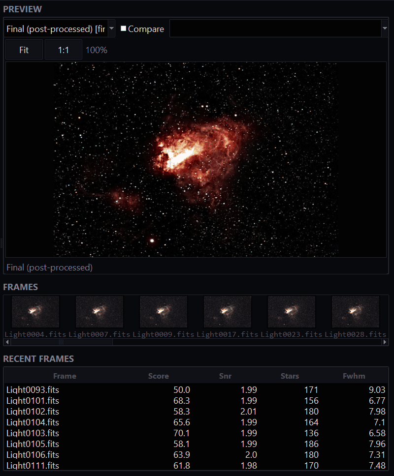 The preview and frame panels after the run finished, showing the final image of the Omega Nebula.