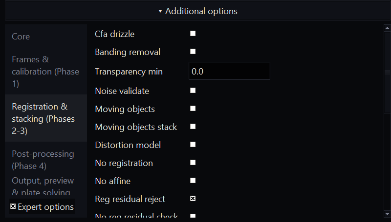 The Additional options panel with Expert options ticked, listing registration and stacking controls such as banding removal and distortion model.
