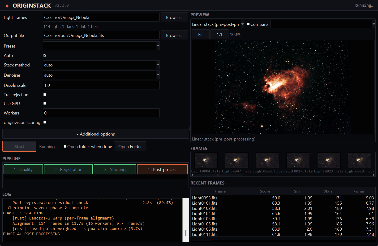 The OriginStack window during a run: settings on the left, three of four pipeline phases marked done, the log below, and on the right a preview of the linear stack of the Omega Nebula with a strip of frame thumbnails and a table of per-frame scores.