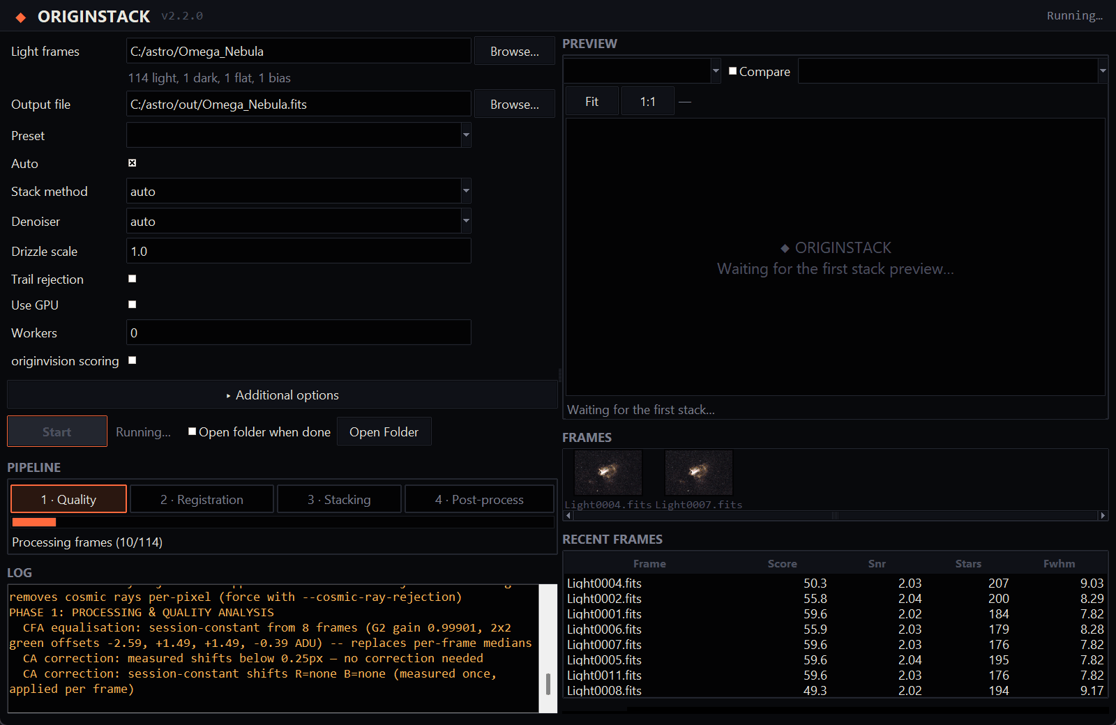 The OriginStack window early in a run, with a folder chosen, its frame counts listed under it, the log, and a table of frame scores filling in.